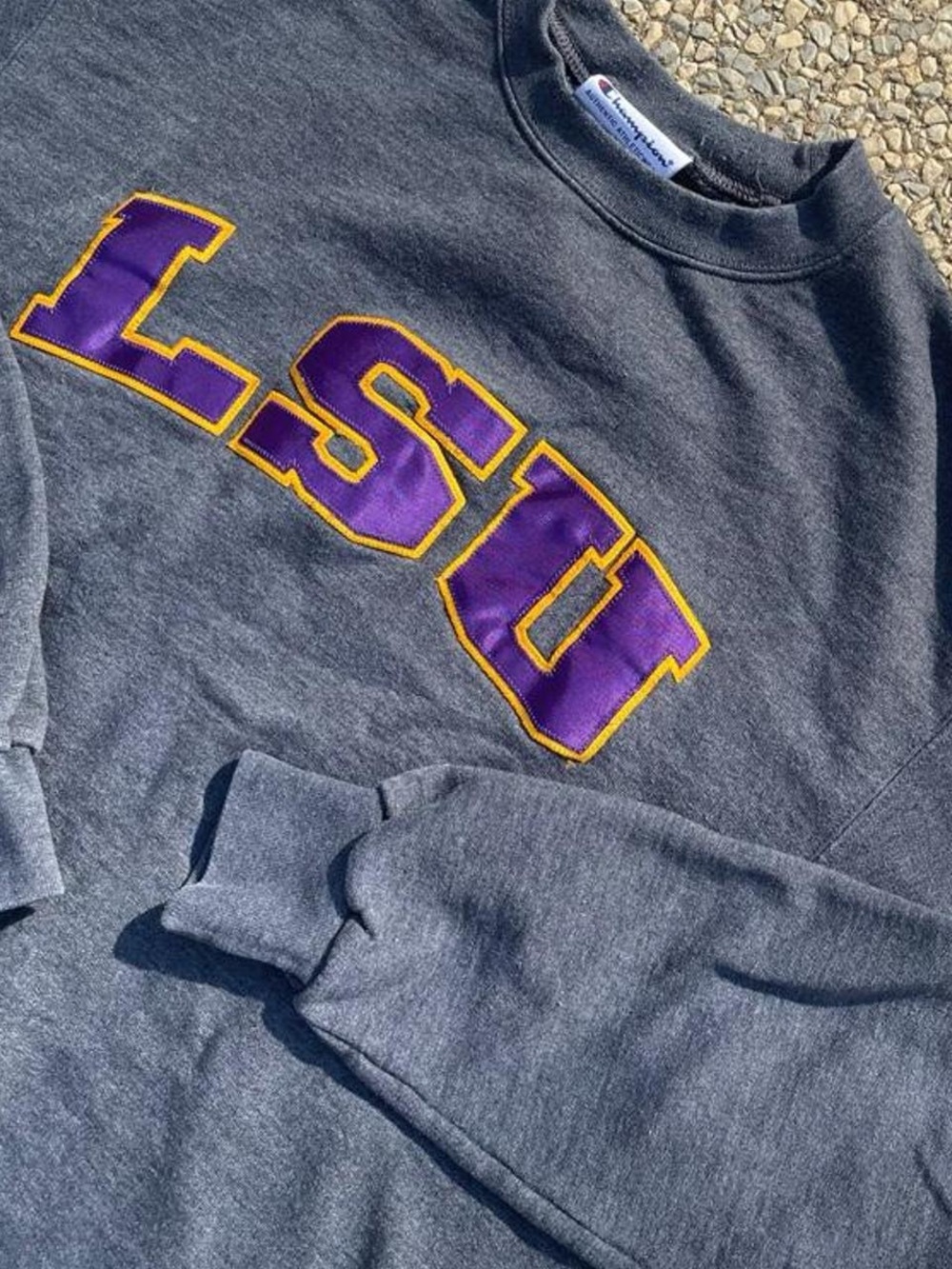 Champion Gray Crewneck Sweatshirt with Purple & Gold LSU Logo